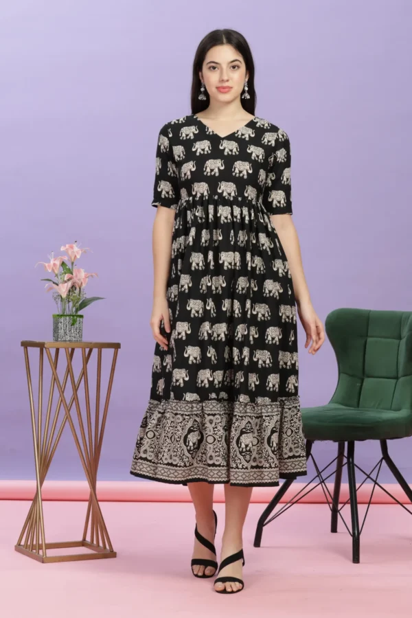 Black Elephant Print V Neck Gown
