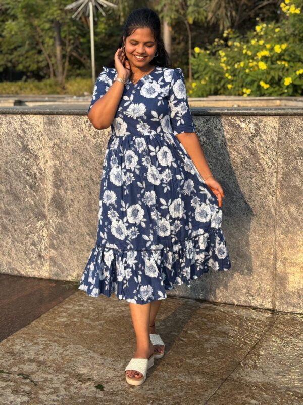 navy blue floral print gown