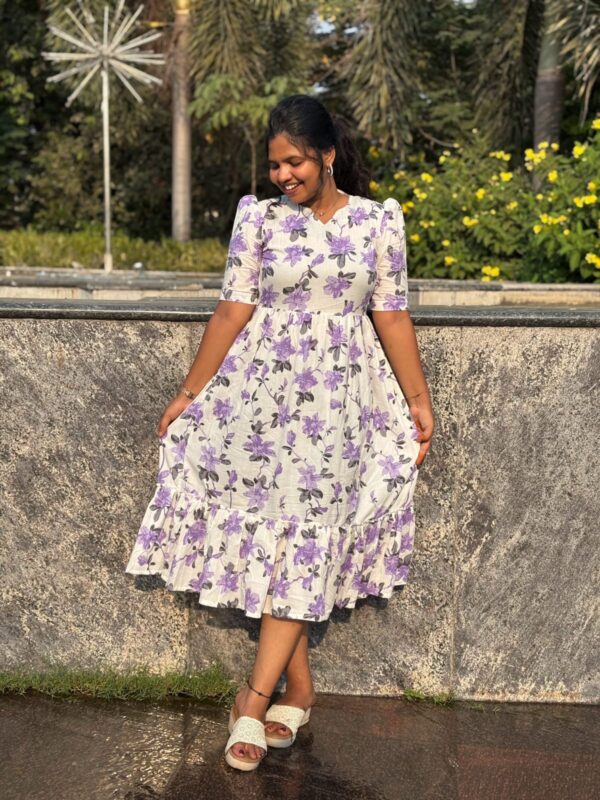white and purple floral print gown