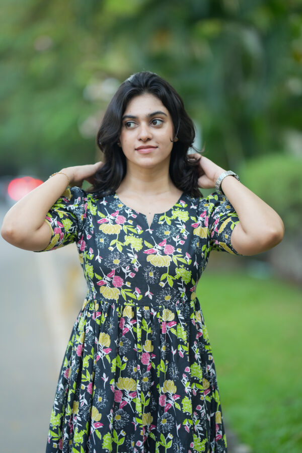 Elegant Black- Green Floral Gown - Image 2