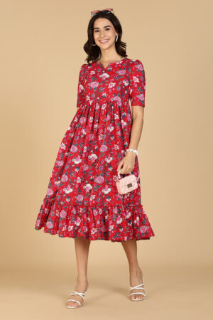 Red floral print gown