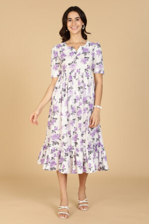 white and purple floral print gown