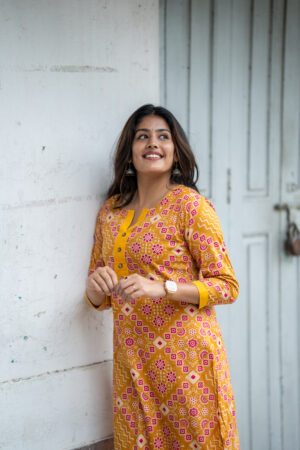 Yellow Cotton Printed Kurti