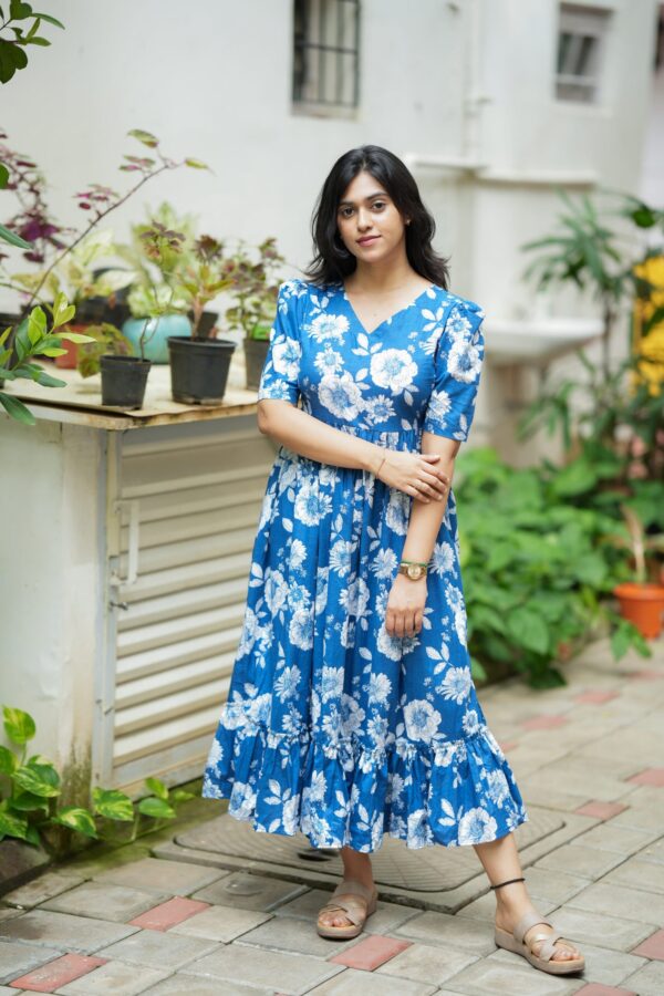 Navy blue floral print gown