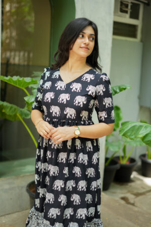 Black Elephant Print V Neck Gown