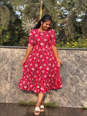 Red floral print gown
