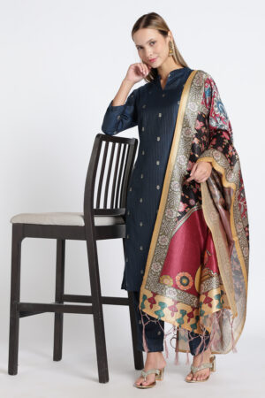 Home 24 Women Clothing Store Silk Cotton Kurti Set - Navy Blue