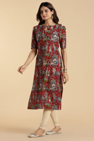 Home 26 Women Clothing Store Ethnic Red Kalamkari Cotton Kurti