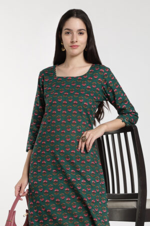 Cotton Print Kurti - Green with Pink