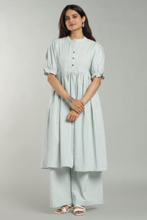 Home 18 Women Clothing Store Light Green Striped Empire Waist Kurta Pant Co-ord Set