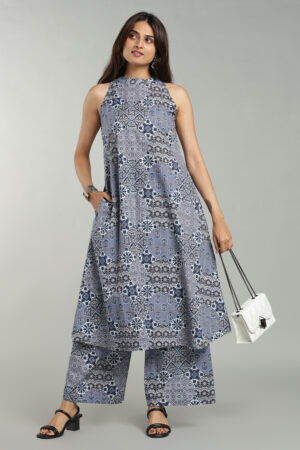 Blue Tile Print Cotton Co-ord Set with Pockets
