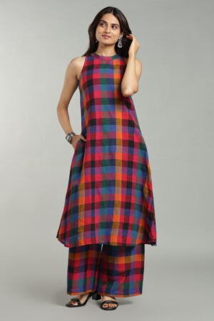 Home 19 Women Clothing Store Multicolor Checkered Sleeveless Kurta Palazzo Co-ord Set