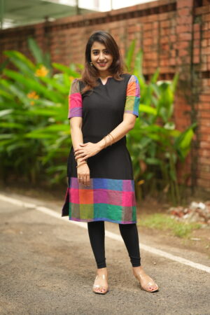 Home 24 Women Clothing Store Black Madras Check Border Straight Kurta with Multicolor Sleeves