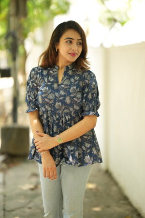 Printed Peplum Top with Puff Sleeves